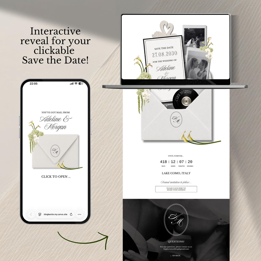 White Black Floral Save The Date Wedding Website Template | RSVP & Music
