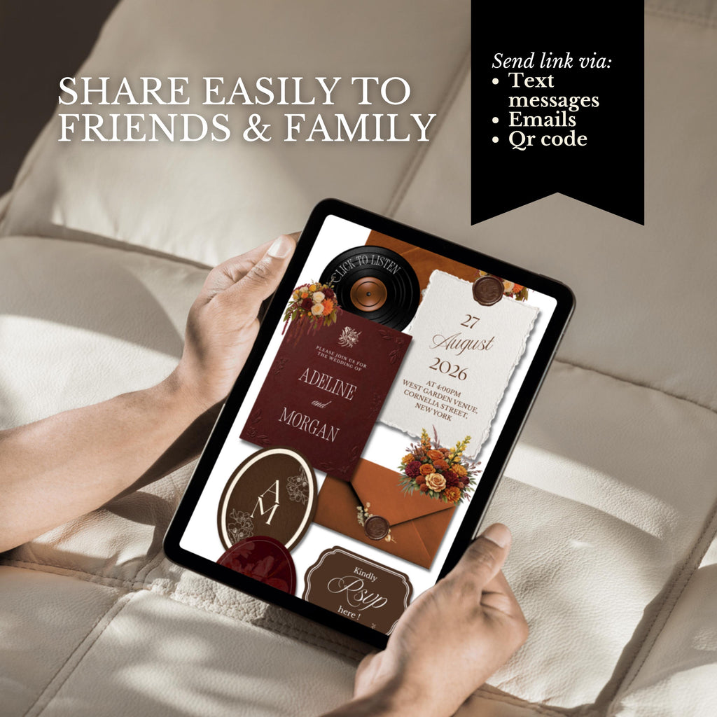 Fall Burgundy & Orange Wedding Website Template | RSVP & Music