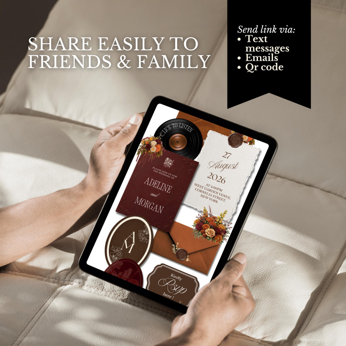 Fall Burgundy & Orange Wedding Website Template | RSVP & Music