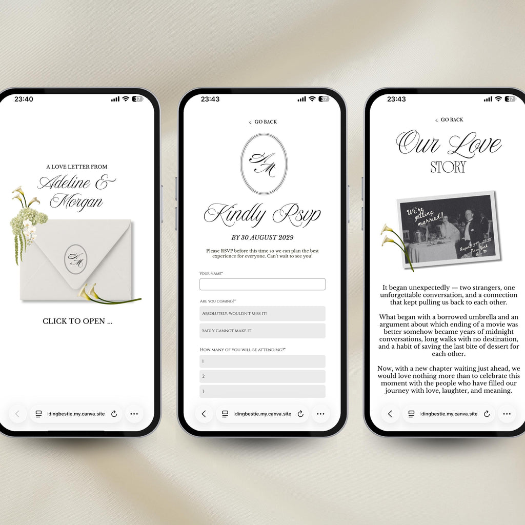 White Black Floral Wedding Website Template | RSVP & Music