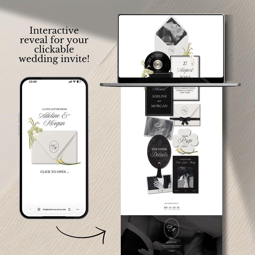 White Black Floral Wedding Website Template | RSVP & Music