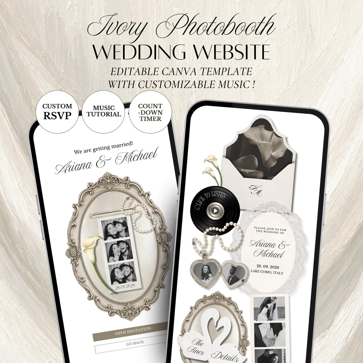 Ivory Photobooth Wedding Website Template | with RSVP & Music