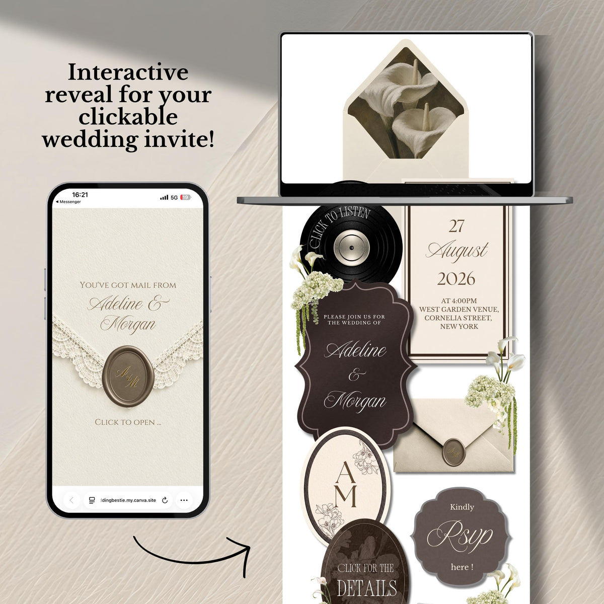Ivory Brown Wedding Website Template | RSVP & Music