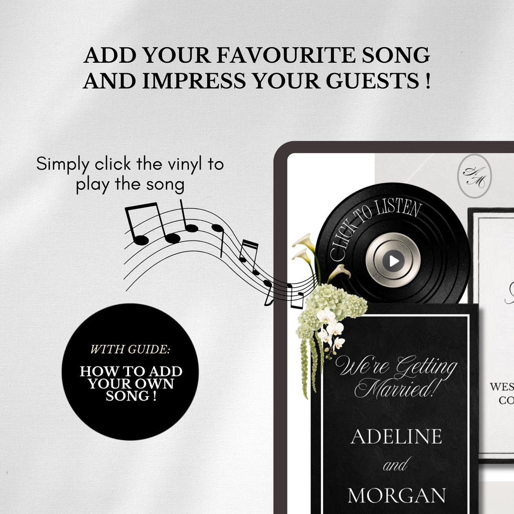 White Black Floral Wedding Website Template | RSVP & Music