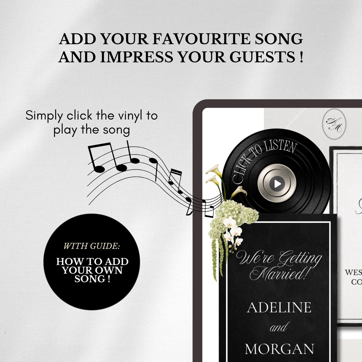 White Black Floral Wedding Website Template | RSVP & Music