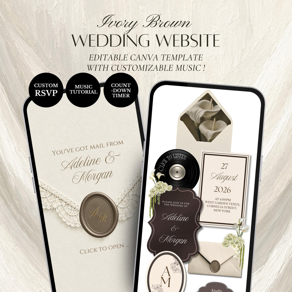 Ivory Brown Wedding Website Template | RSVP & Music