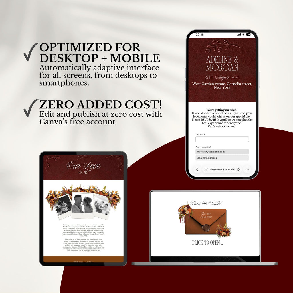 Fall Burgundy & Orange Wedding Website Template | RSVP & Music