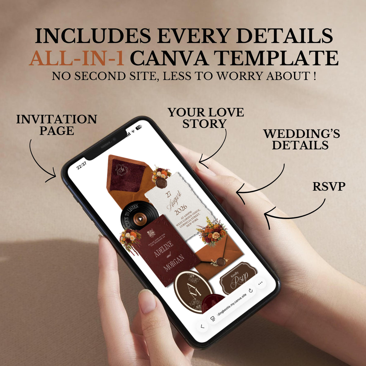 Fall Burgundy & Orange Wedding Website Template | RSVP & Music