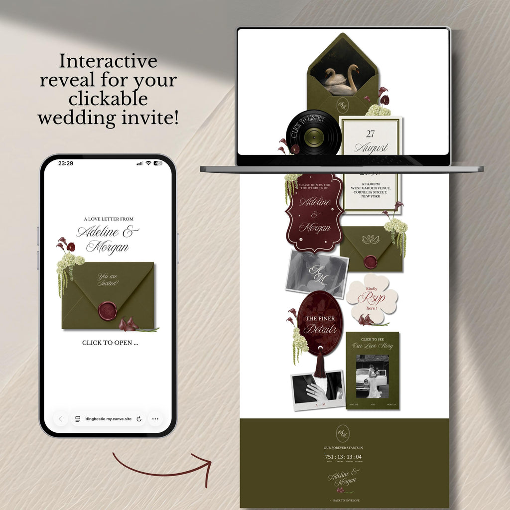 Olive Green & Burgundy Wedding Website Template | RSVP & Music