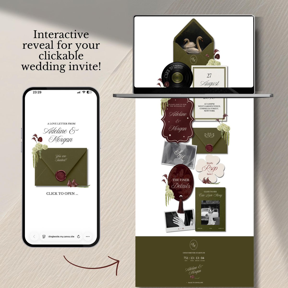 Olive Green & Burgundy Wedding Website Template | RSVP & Music