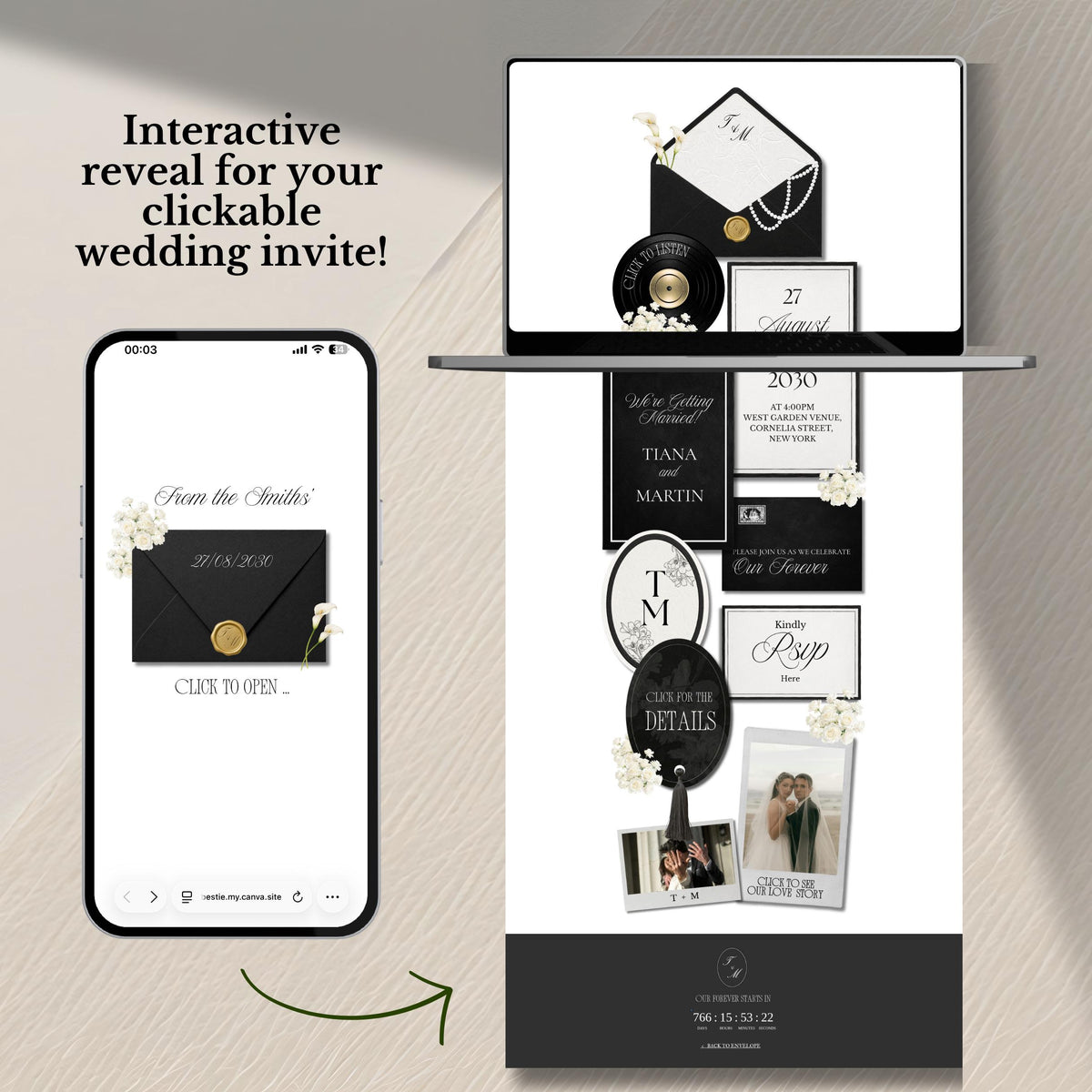Black White Luxury Wedding Website Template | RSVP & Music