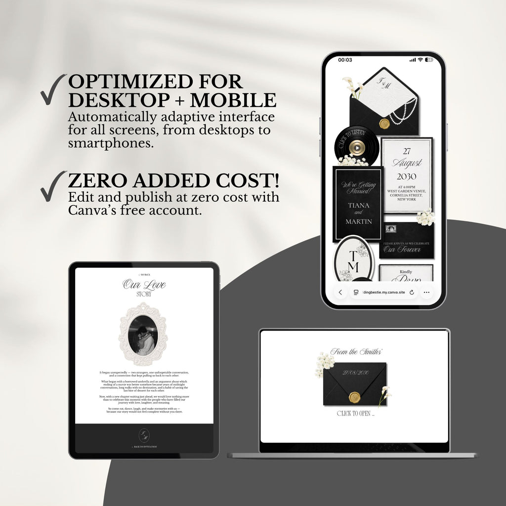 Black White Luxury Wedding Website Template | RSVP & Music