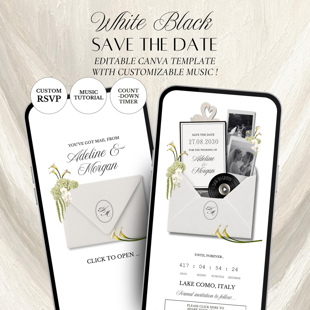 White Black Floral Save The Date Wedding Website Template | RSVP & Music