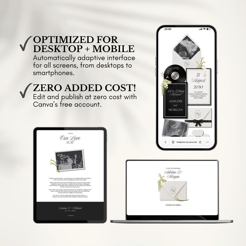 White Black Floral Wedding Website Template | RSVP & Music