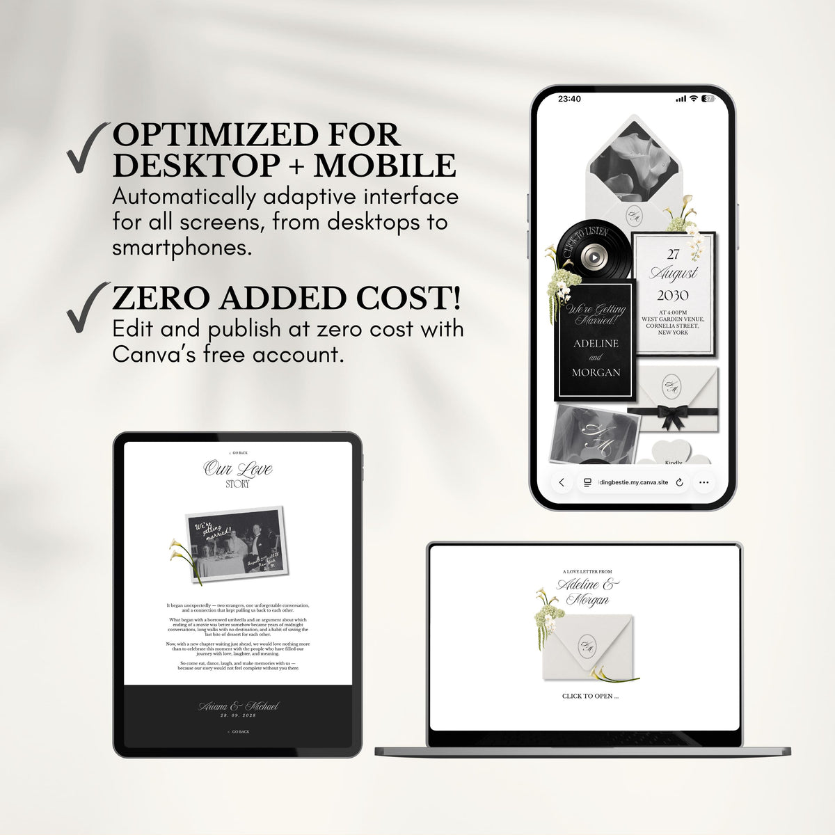 White Black Floral Wedding Website Template | RSVP & Music