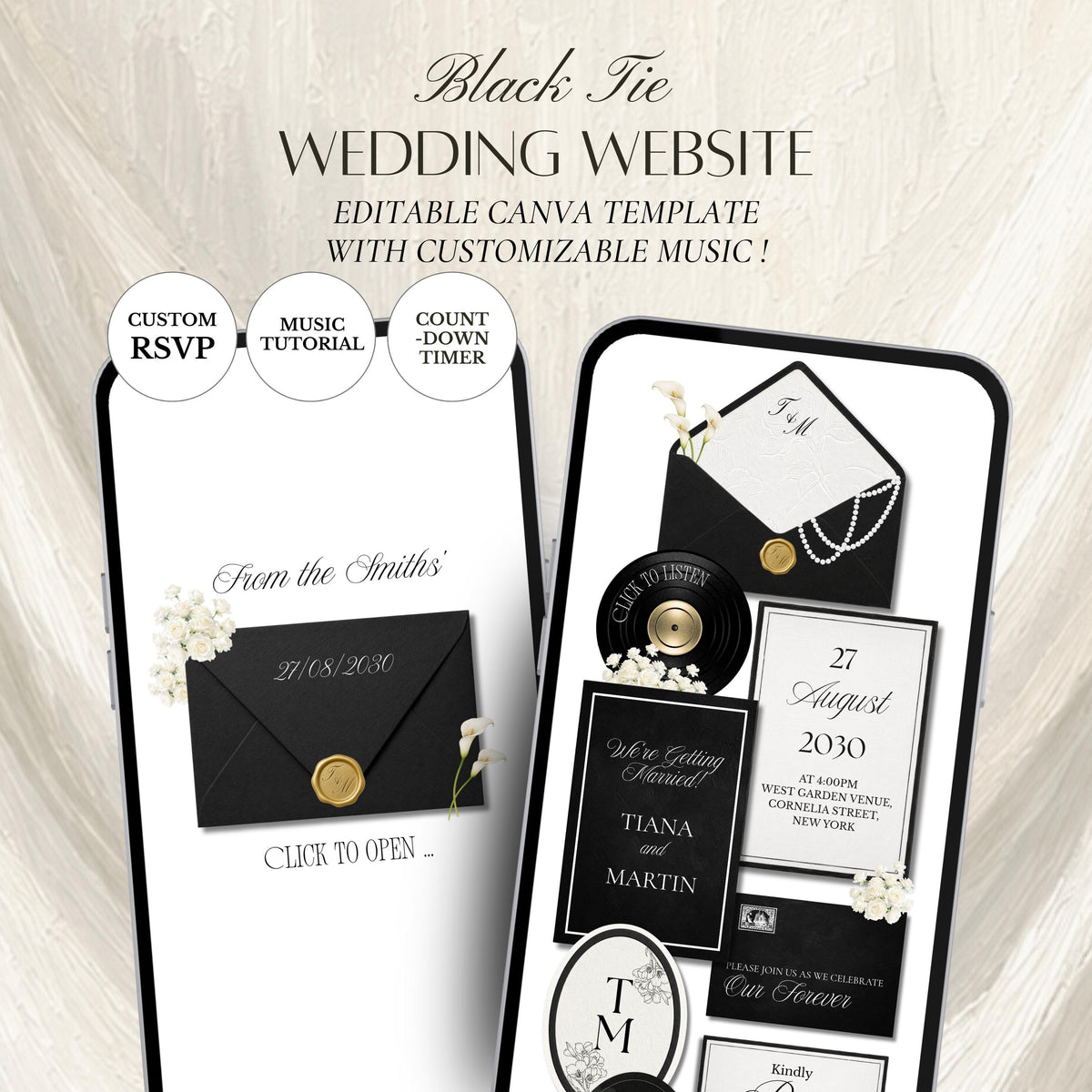 Black White Luxury Wedding Website Template | RSVP & Music