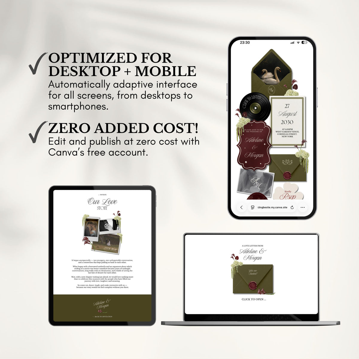 Olive Green & Burgundy Wedding Website Template | RSVP & Music