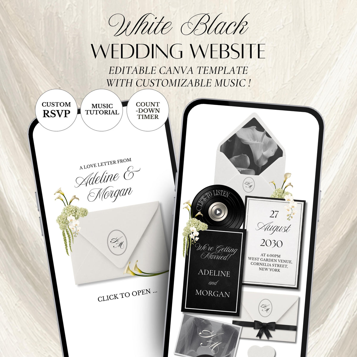 White Black Floral Wedding Website Template | RSVP & Music