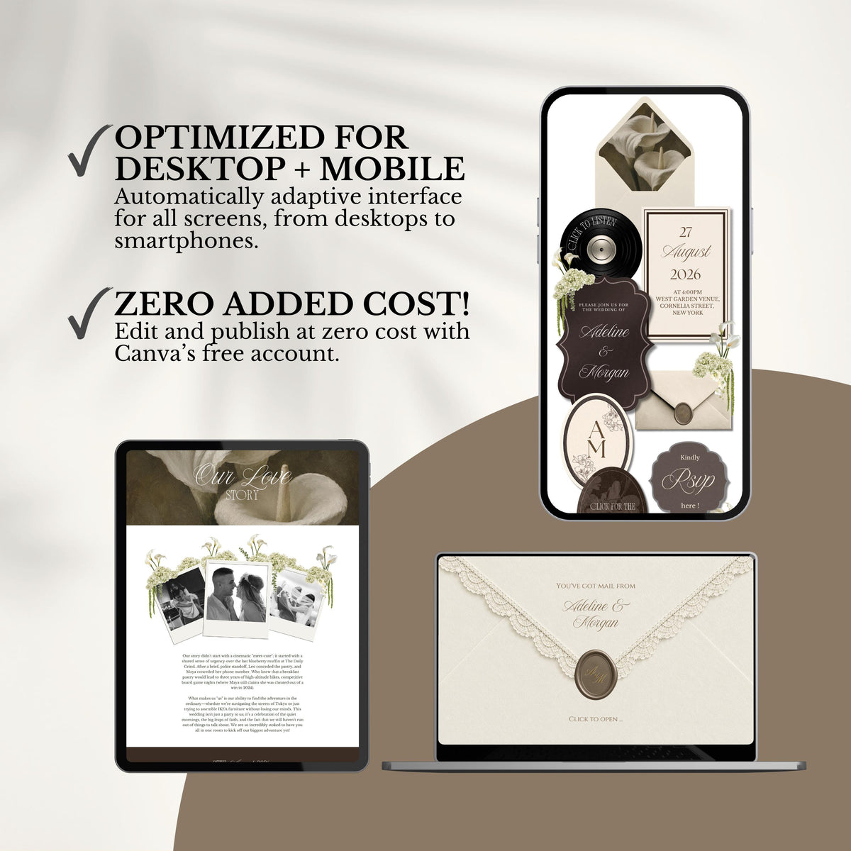 Ivory Brown Wedding Website Template | RSVP & Music