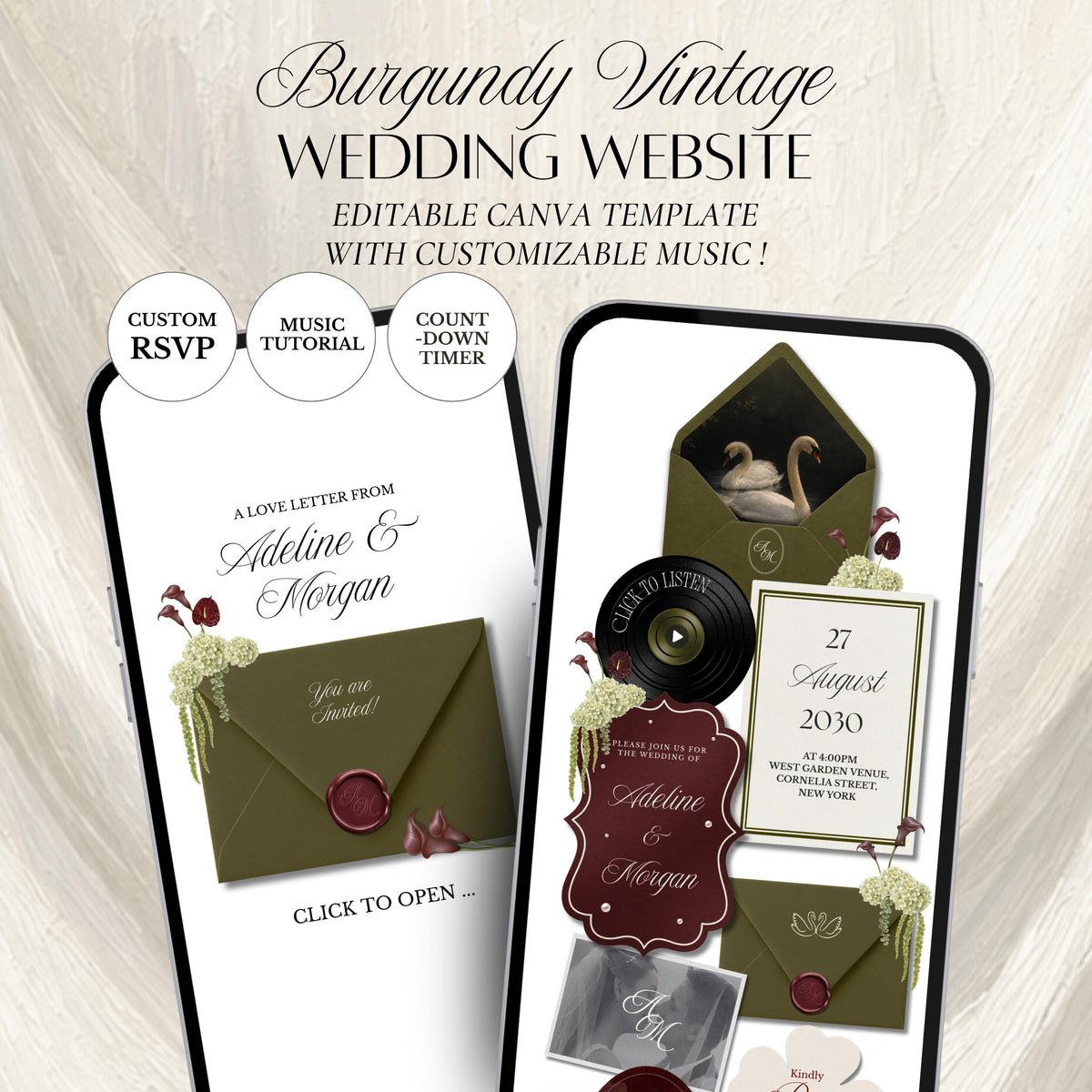 Olive Green & Burgundy Wedding Website Template | RSVP & Music