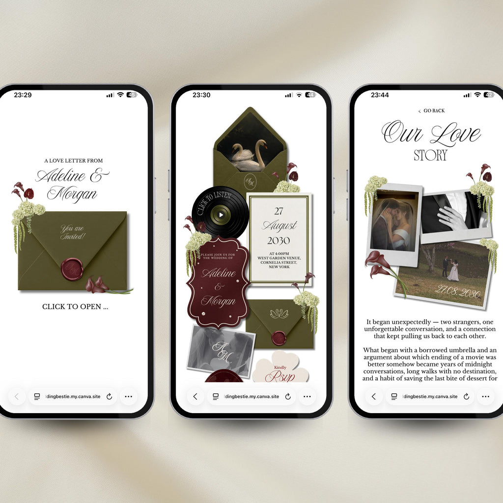 Olive Green & Burgundy Wedding Website Template | RSVP & Music