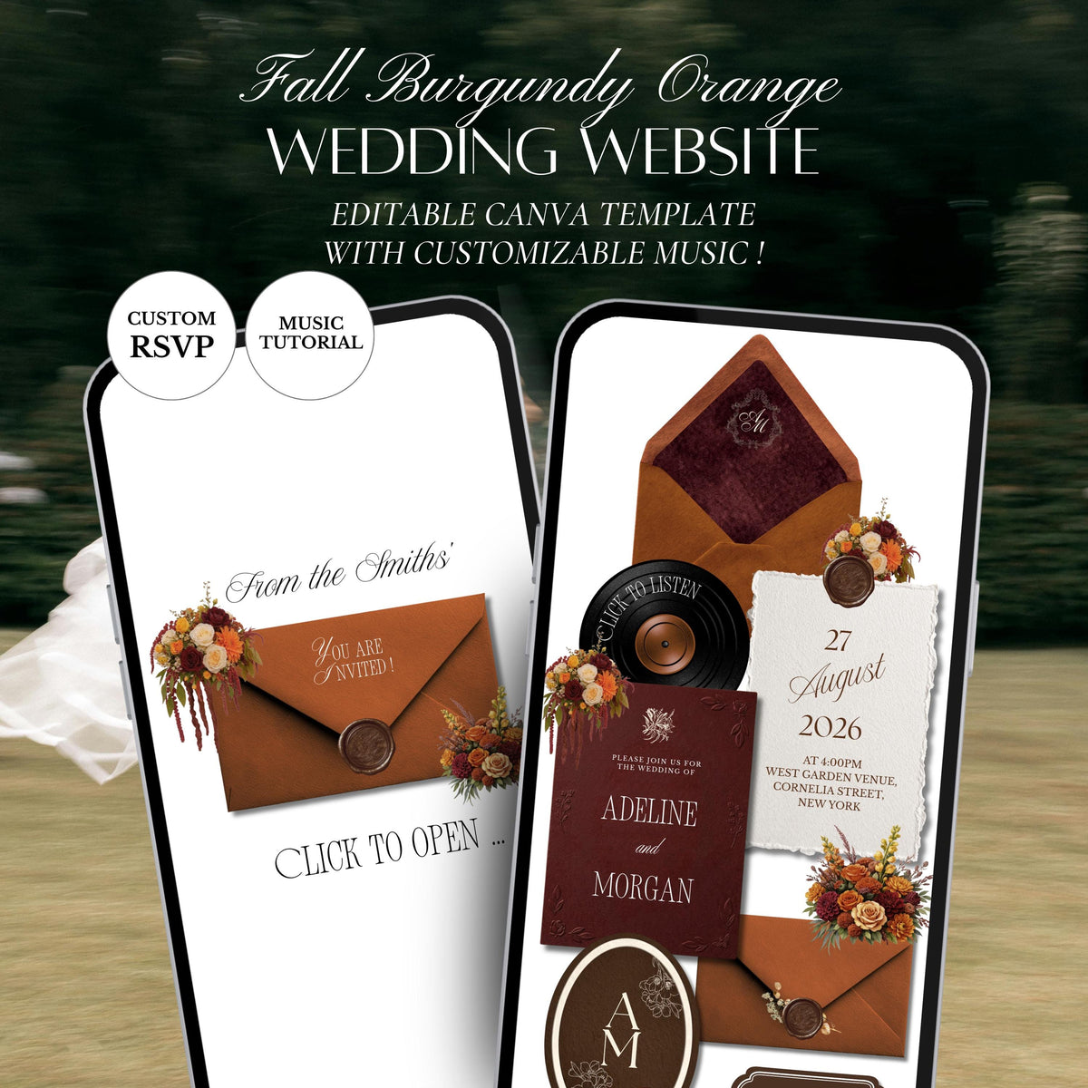 Fall Burgundy & Orange Wedding Website Template | RSVP & Music