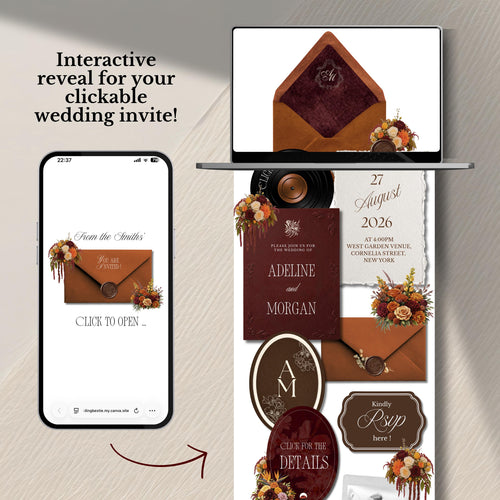 Fall Burgundy & Orange Wedding Website Template | RSVP & Music